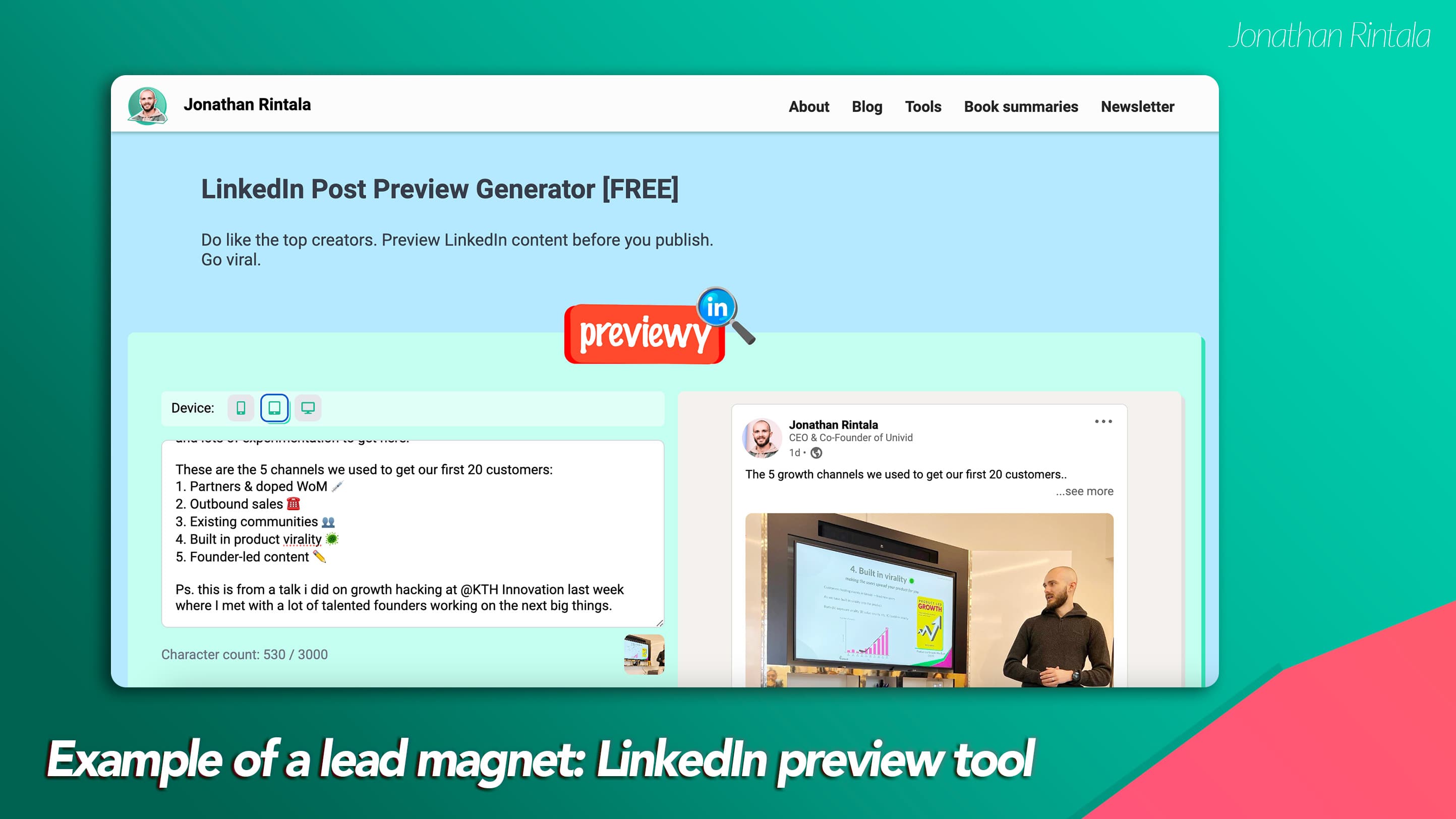 Example of a lead magnet - A free tool to preview LinkedIn posts