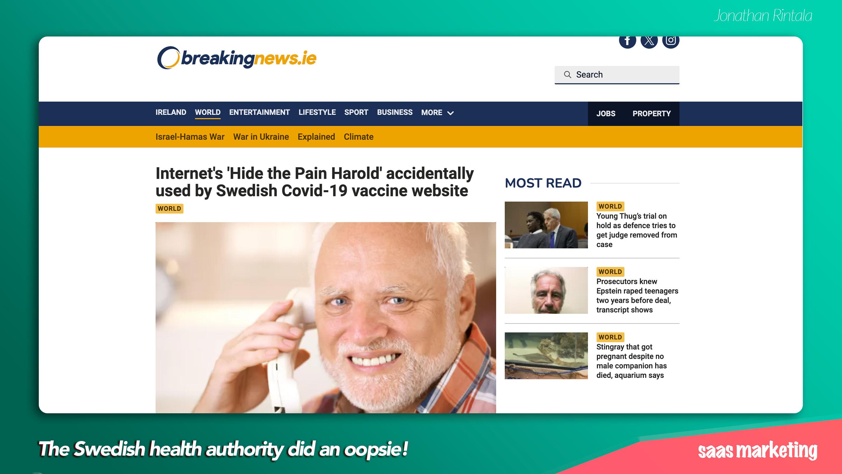 Stock image "hide the pain harold" used by Swedish authority for Covid-19 website