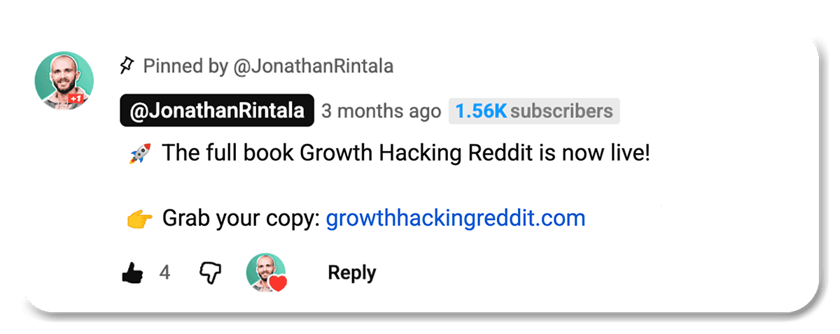 Youtube comment with CTA to book landing page Youtube comment with CTA to book landing page