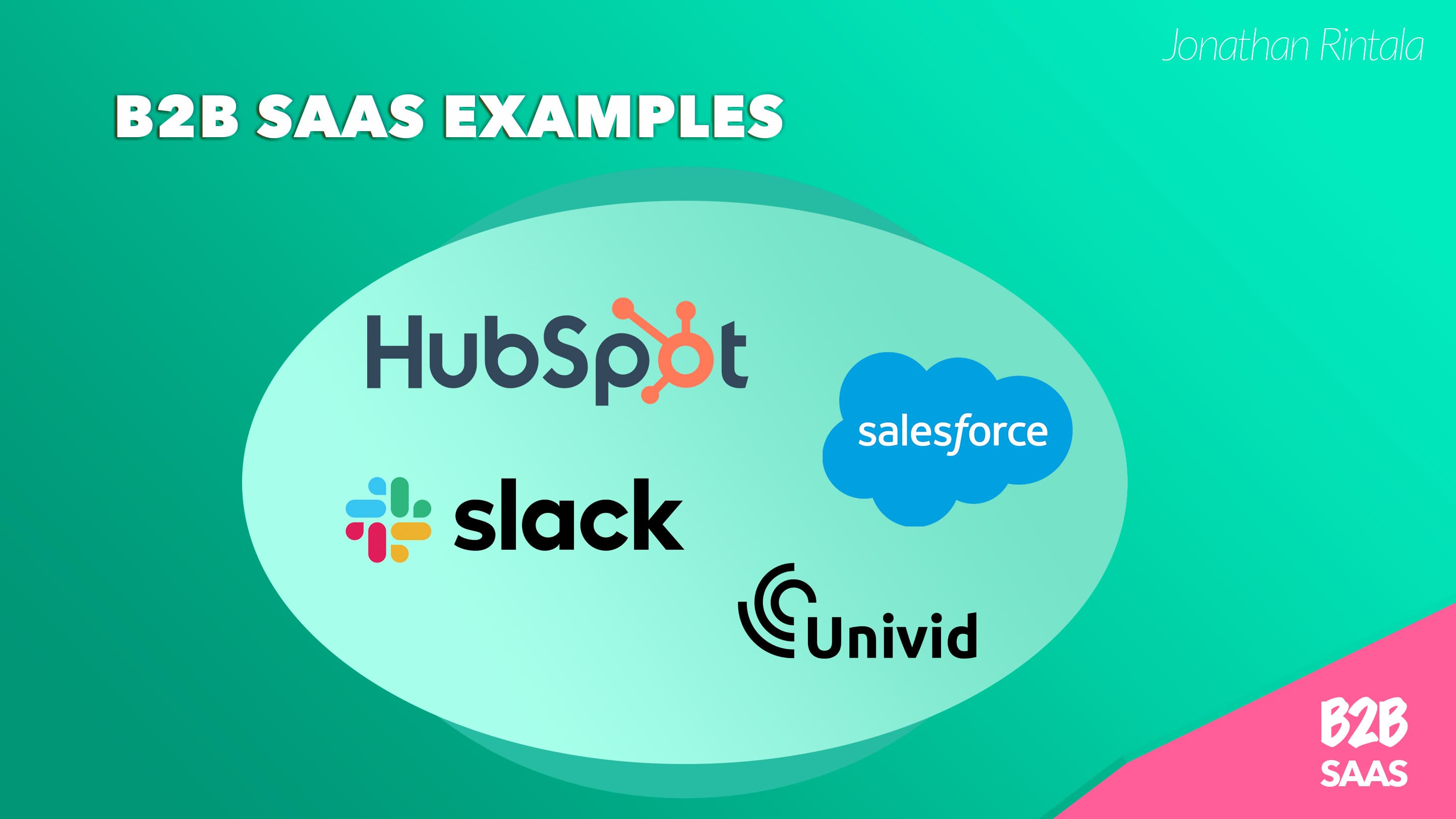 Examples of B2B SaaS companies Top list of B2B SaaS companies - examples like Salesforce, HubSpot, Univid, and Slack.