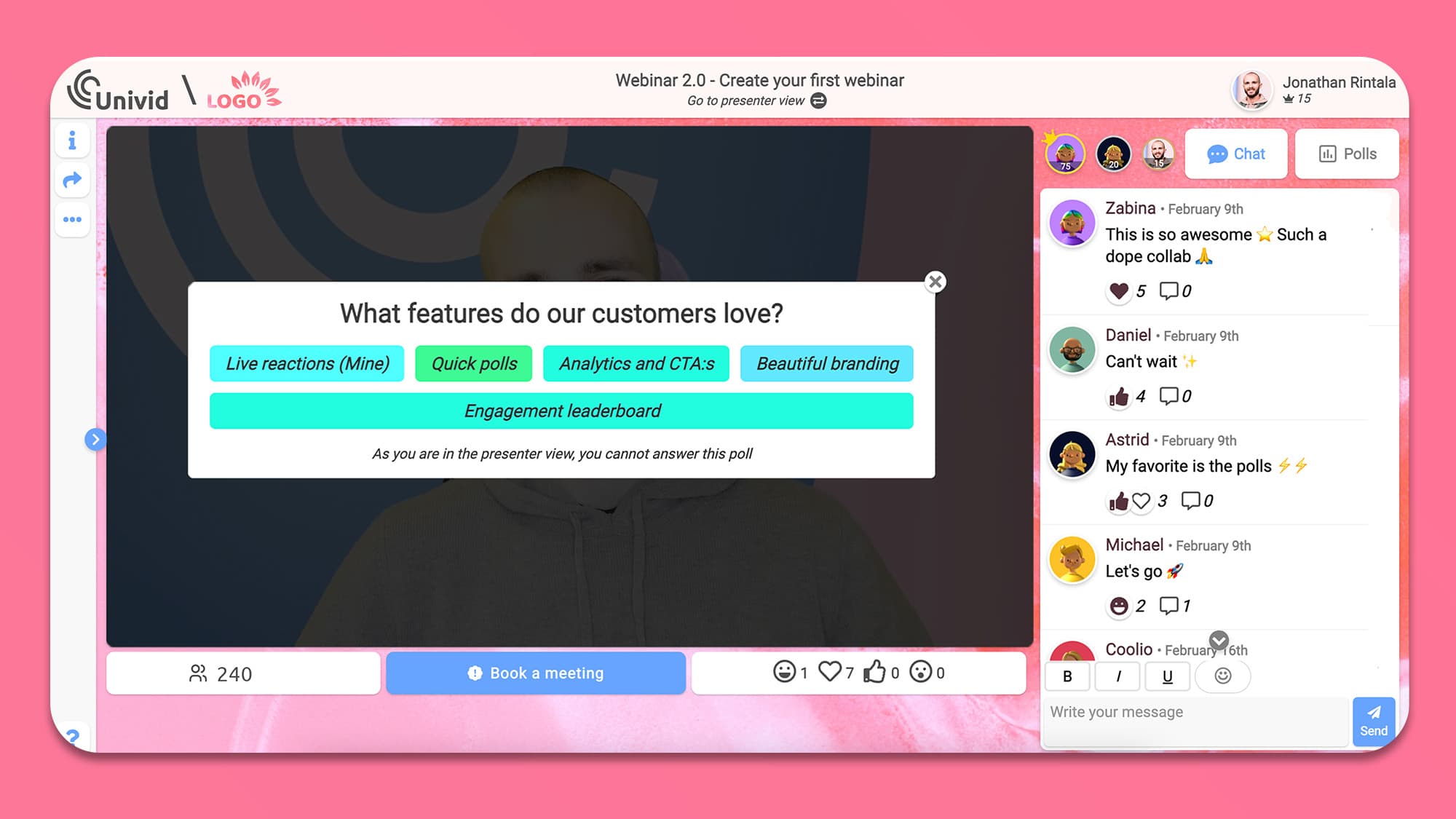 Engage the audience in webinars to keep them watching - Univid platform From the webinar software Univid. Use polls and interaction when hosting webinars and livestreams - to keep the audience  watching and engaged. Otherwise they tab out.